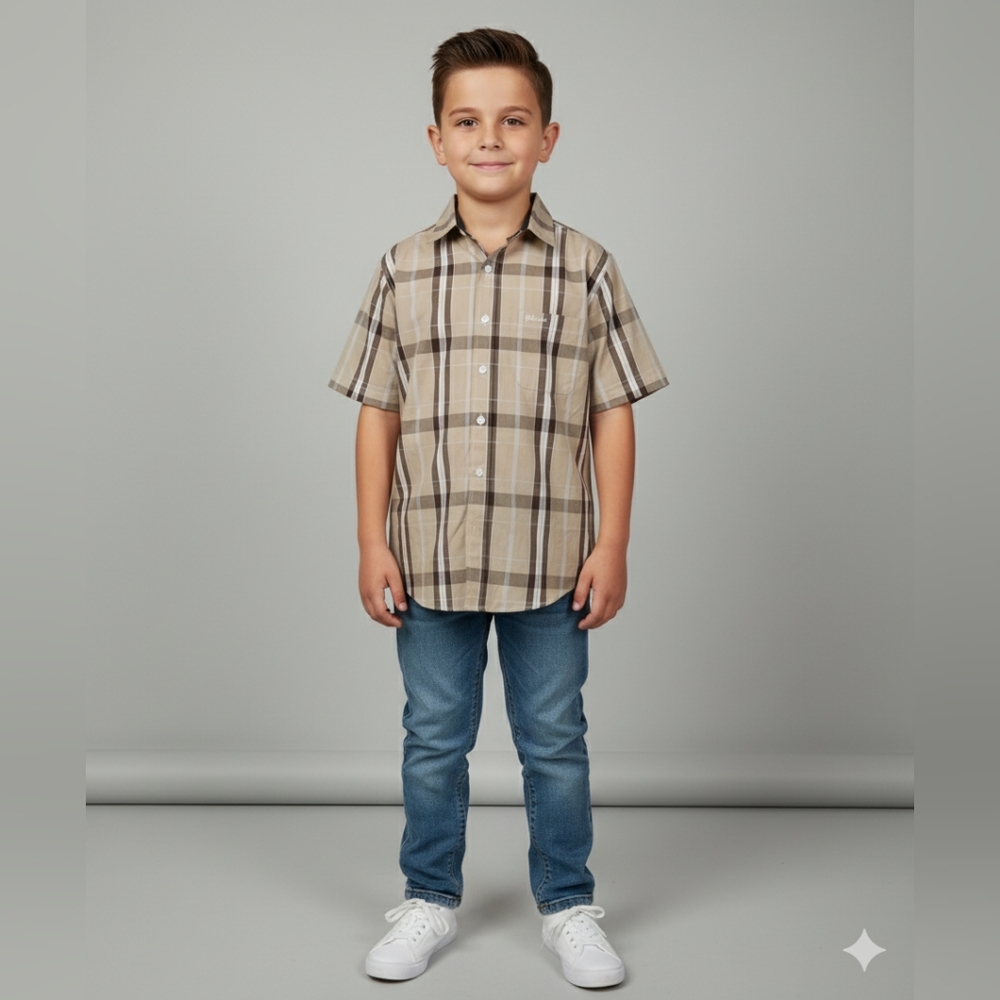 Platini Cougar NWT Boys Brown Plaid Short Sleeve Button Up Shirt